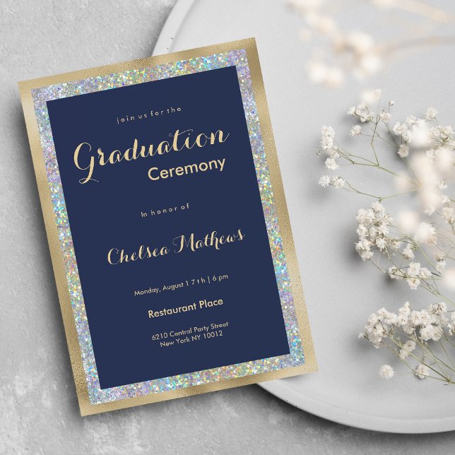 Navy blue gold silver holographic Graduation  Invitation (Navy blue gold silver holographic Graduation )