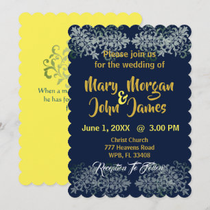 Navy Blue Gold Silver Yellow Wedding Invitation