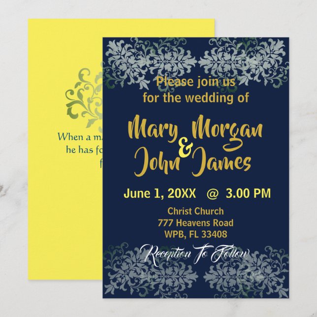 Navy Blue Gold Silver Yellow Wedding Invitation (Front/Back)