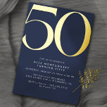 Navy Blue & Gold | Simple Modern 50th Birthday<br><div class="desc">Modern 50th birthday invitations with a large heading "50" in real metallic foil. Your event details are printed below in matte white font. Gold accents on a navy blue background.</div>