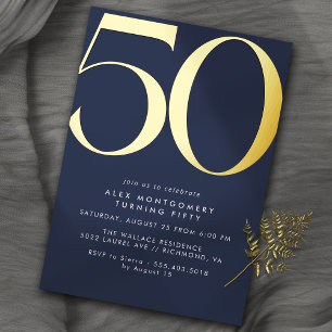 Navy Blue & Gold   Simple Modern 50th Birthday