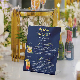 Navy Blue & Gold Simple Wedding Signature Drinks  Pedestal Sign