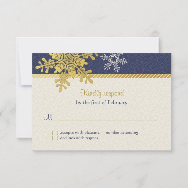 Navy Blue Gold Snowflake Winter Wedding Reply Card (Front)