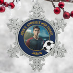 Navy Blue Gold Soccer Player Photo High School Snowflake Pewter Christmas Ornament<br><div class="desc">This cool customized high school soccer player photo gift features gold typography of your team and player name on a navy blue Christmas ornament with a soccer ball. Personalize with your student's photograph and class year as a proud futbol parent for a commemorative keepsake.</div>