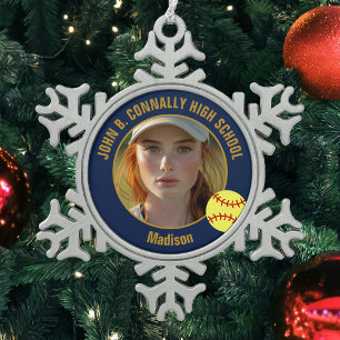 Navy Blue Gold Softball Player Photo High School Snowflake Pewter Christmas Ornament