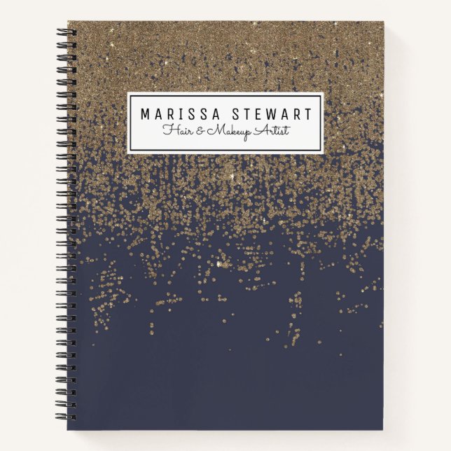 Navy Blue Gold Sparkly Glitter Ombre Notebook (Front)