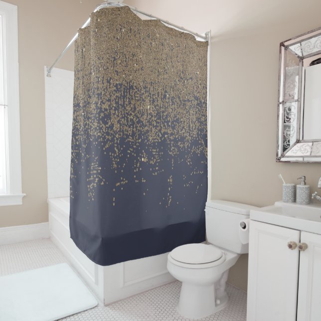 Navy Blue Gold Sparkly Glitter Ombre Shower Curtain (In Situ)