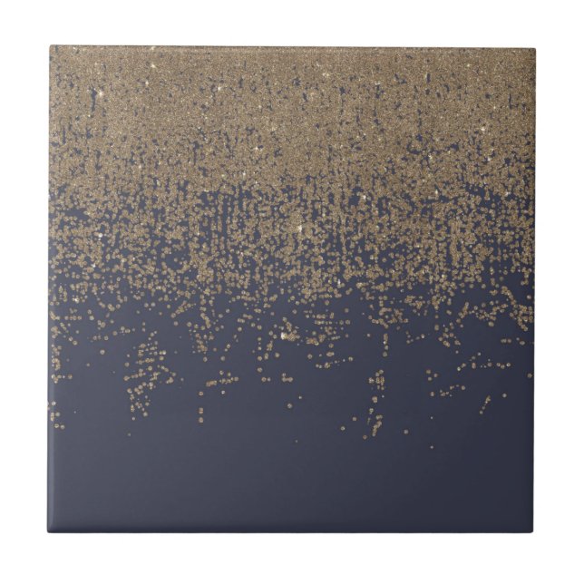 Navy Blue Gold Sparkly Glitter Ombre Tile (Front)