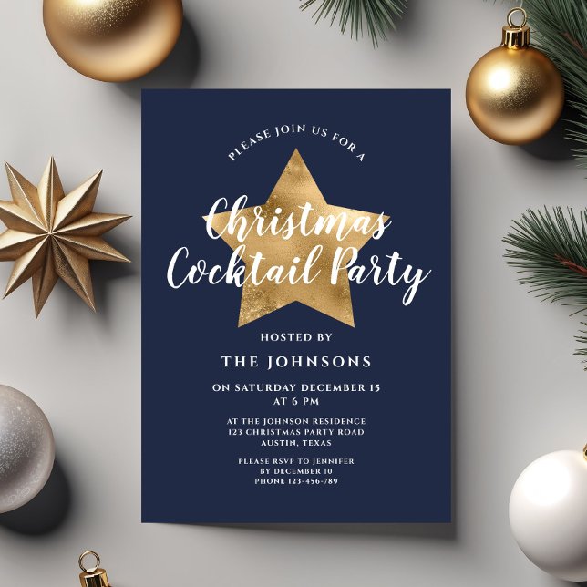 Navy Blue Gold Star Christmas Cocktail Party Invitation (Navy Blue Gold Star Christmas Cocktail Party Invitation)