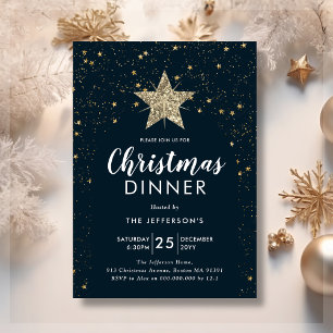 Navy Blue & Gold Star Christmas Dinner Invitation