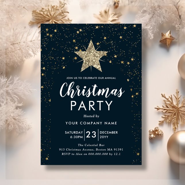 Navy Blue & Gold Star Christmas Party Invitation (Creator Uploaded)