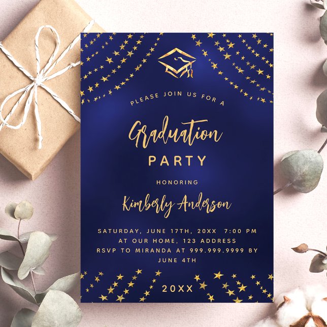 Navy blue gold star graduation party modern luxury invitation (Creator Uploaded)