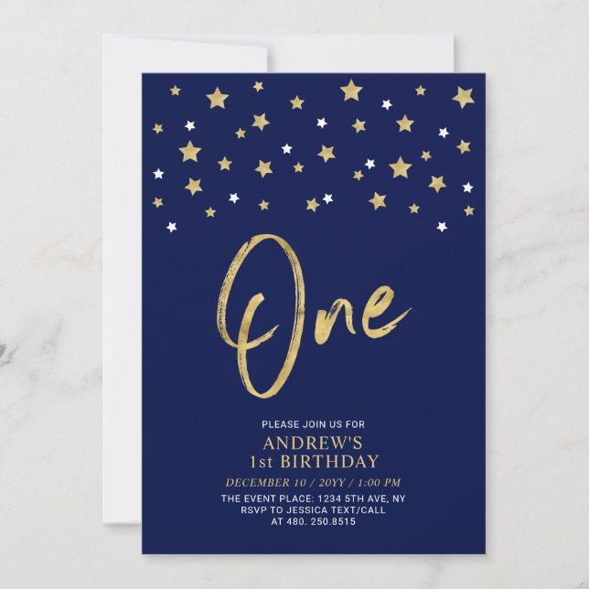 Navy Blue & Gold Star | One 1st Birthday Party Invitation (Front)