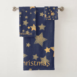 Navy Blue Gold Star Pattern Elegant Christmas Bath Towel Set