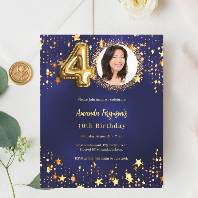 Navy blue gold star photo 40th birthday invitation (Creator Uploaded)