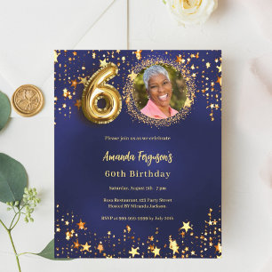 Navy blue gold star photo 60th birthday invitation