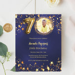 Navy blue gold star photo 70th birthday invitation<br><div class="desc">A modern,  stylish photo invitation for a 70th birthday party.  A navy blue background,  decorated with golden stars. The blue colour is uneven. Personalise and add your photo and party details.  

1 sheet = 1 invitation printed edge to edge.</div>
