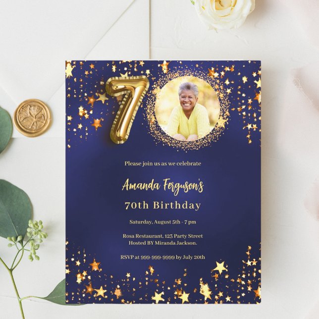 Navy blue gold star photo 70th birthday invitation (Creator Uploaded)
