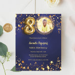 Navy blue gold star photo 80th birthday invitation<br><div class="desc">A modern,  stylish photo invitation for a 80th birthday party.  A navy blue background,  decorated with golden stars. The blue colour is uneven. Personalise and add your photo and party details.  

1 sheet = 1 invitation printed edge to edge.</div>