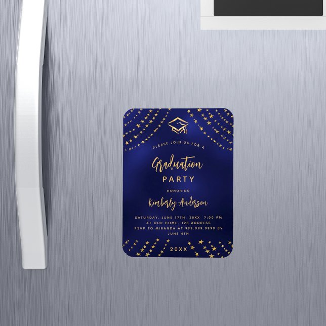 Navy blue gold stars graduation party invitation magnet (Creator Uploaded)