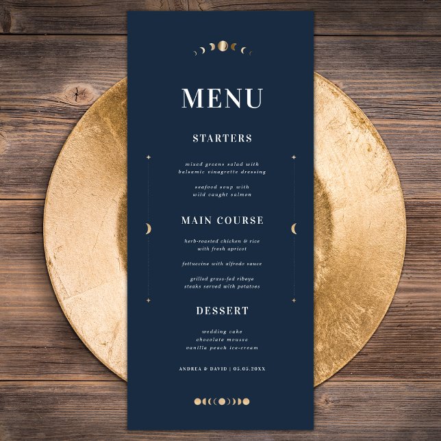Navy Blue Gold Stars Moon Celestial Wedding Dinner Menu (Creator Uploaded)