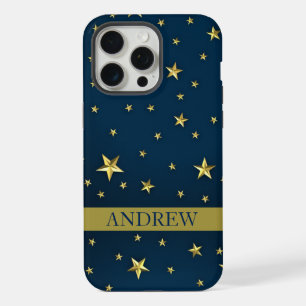 Navy Blue Gold Stars Personalised Name iPhone 15 Pro Max Case