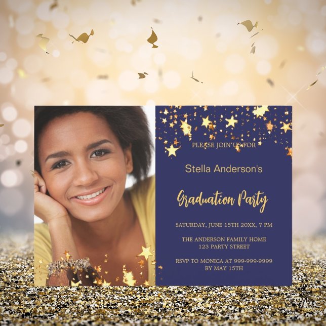Navy blue gold stars photo graduation invitation (Creator Uploaded)