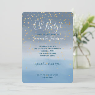 Navy Blue Gold Stars Sky Watercolor Invitation