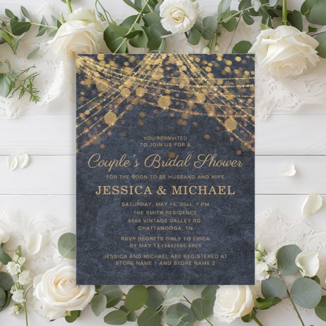 Navy Blue Gold String Light Couple's Bridal Shower Invitation (Rustic glam navy blue and gold string lights couple's bridal shower invitation)