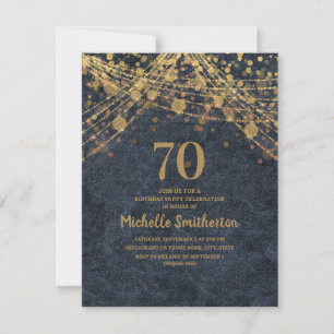 Navy Blue Gold String Lights 70th Birthday Invitation