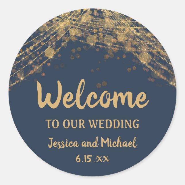 Navy Blue Gold String Lights Round Classic Round Sticker (Front)