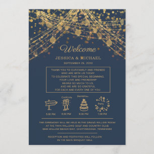 Navy Blue Gold String Lights Wedding Itinerary Invitation