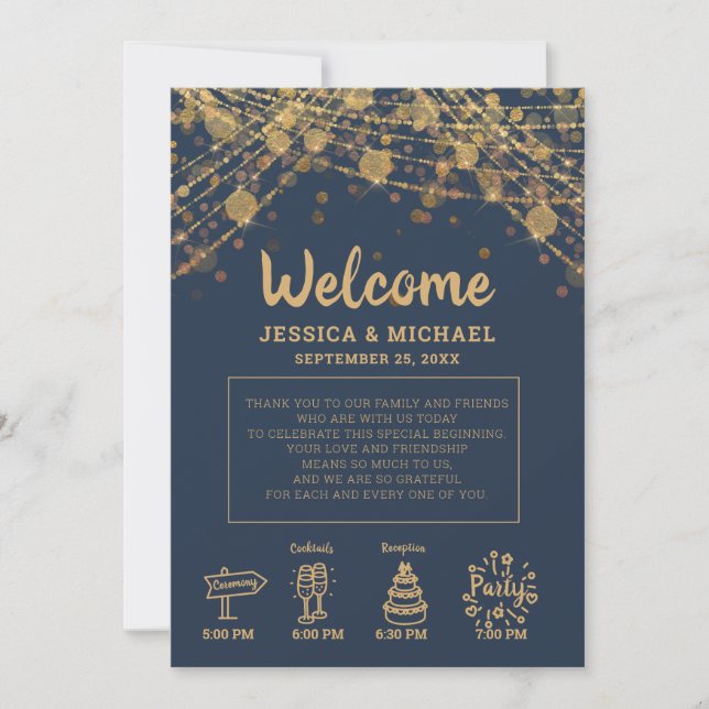Navy Blue Gold String Lights Wedding Itinerary Invitation (Front)