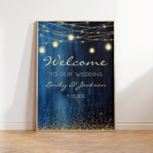 Navy Blue Gold String Lights Wedding Welcome Poster