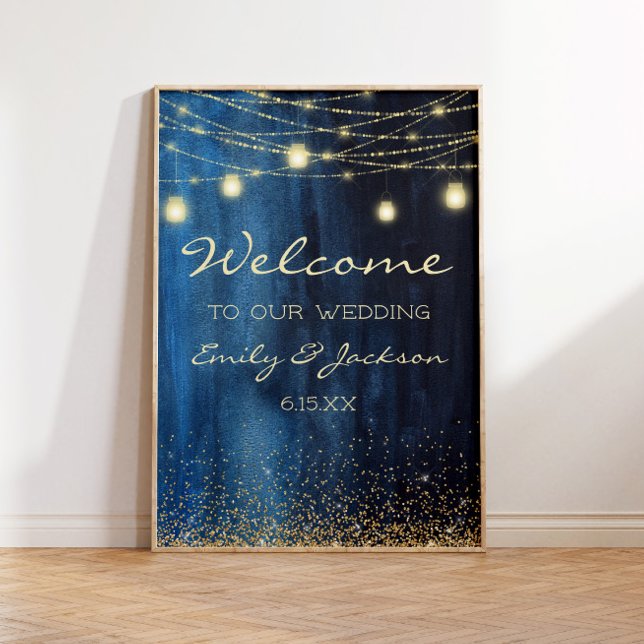 Navy Blue Gold String Lights Wedding Welcome Poster (Navy blue and gold string lights wedding welcome poster)