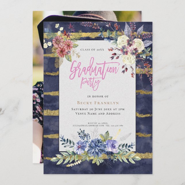Navy Blue/Gold Stripe/Floral/Your Photo/Graduation Invitation (Front/Back)