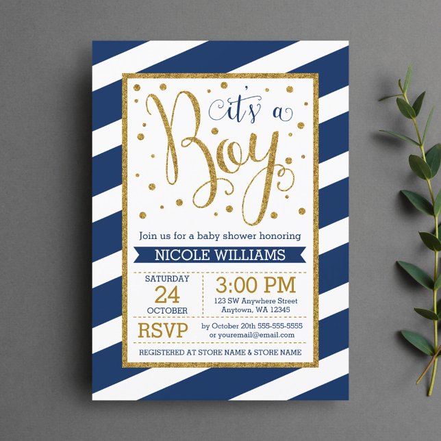 Navy Blue Gold Stripes Boy Baby Shower Invitations (Creator Uploaded)