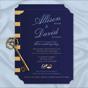 Navy Blue Gold Stripes Modern Wedding Invitation