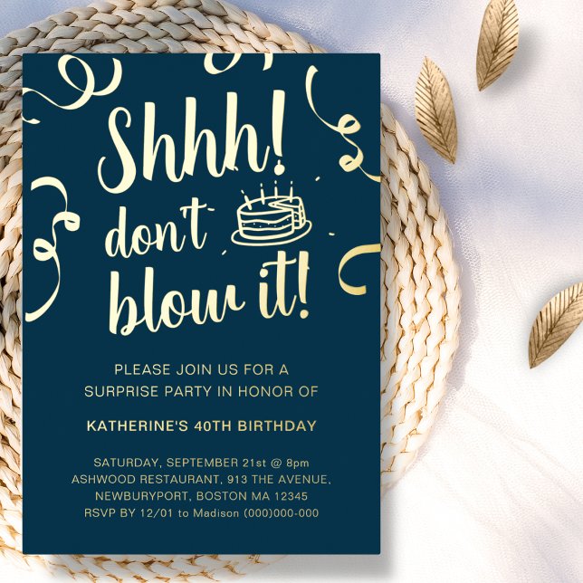 Navy Blue & Gold Surprise Birthday Don't Blow It  (Creator Uploaded)