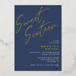 Navy Blue & Gold Sweet Sixteen Cool 16th Birthday<br><div class="desc">Modern and cool 16th birthday invitations with heading "Sweet Sixteen" text in gold foil on a contrasting dark blue background. The reverse side features a pattern of the word "sixteen" in coordinating script. The reverse side pattern, as well as the background colour, can be changed by using the design tool....</div>