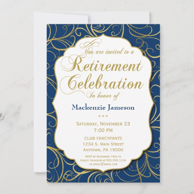 Navy Blue Gold Swirl Retirement Invitation (Front)