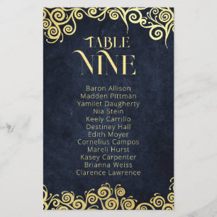 Navy Blue & Gold Swirls Seating Chart Table Number