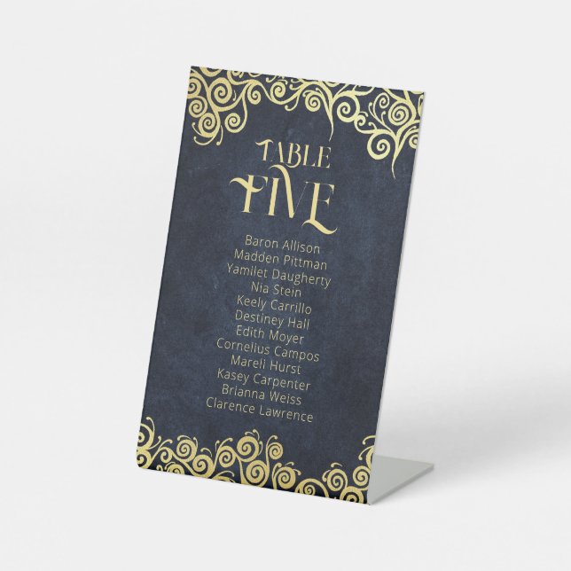 Navy Blue & Gold Swirls Seating Chart Table Number Pedestal Sign (Front)