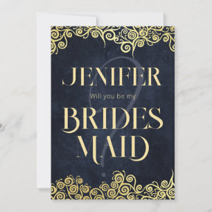 Navy Blue & Gold Swirls Will You Be My Bridesmaid Invitation