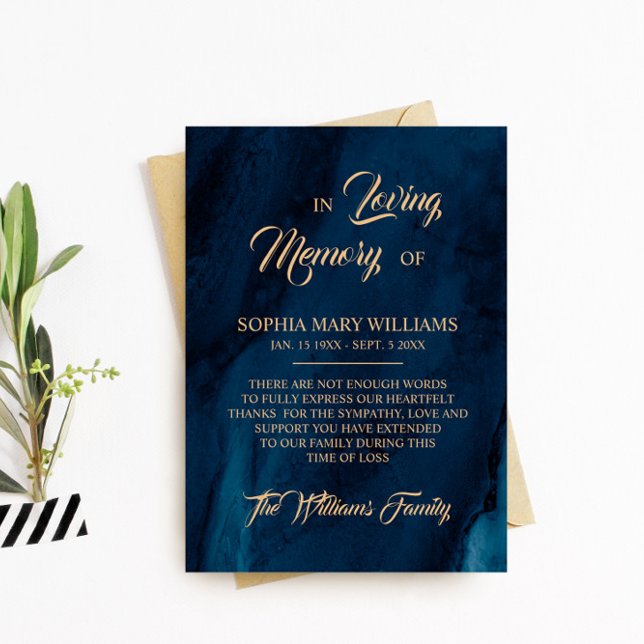 Navy Blue & Gold Sympathy Memory Thank You Card (Creator Uploaded)