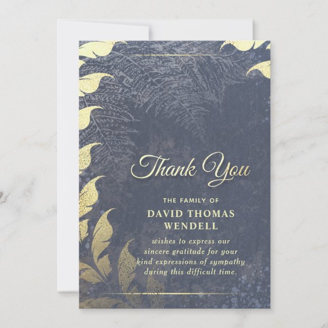 Navy Blue & Gold Sympathy Thank You Floral Leaves Invitation (Front)
