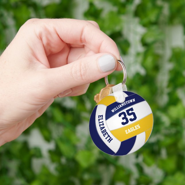 navy blue gold team colours girls boys volleyball key ring (Hand)