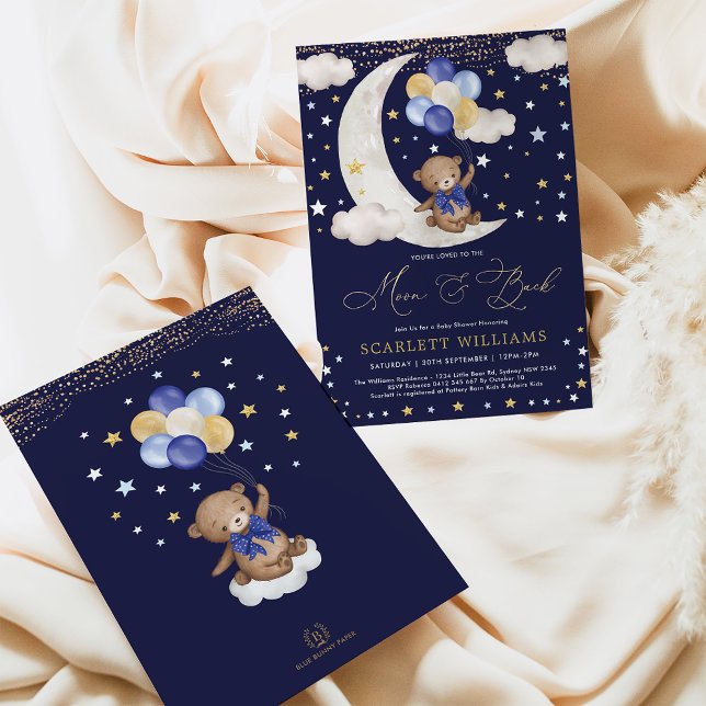 Navy Blue Gold Teddy Bear Moon & Back Baby Shower Invitation (Creator Uploaded)