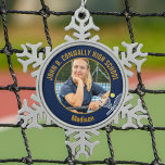 Navy Blue Gold Tennis Player Photo High School Snowflake Pewter Christmas Ornament<br><div class="desc">This cool customized high school tennis player photo gift features gold typography of your team and player name on a snowflake Christmas ornament with a cute tennis ball and rackets on navy blue. Personalize with your student's photograph and class year as a proud sports parent.</div>