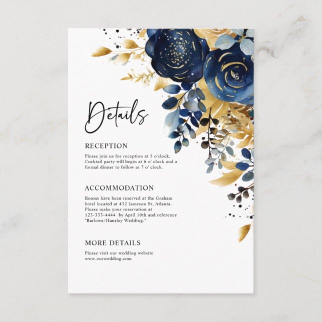 Navy Blue Gold Terracotta Elegant Wedding Details Enclosure Card (Front)